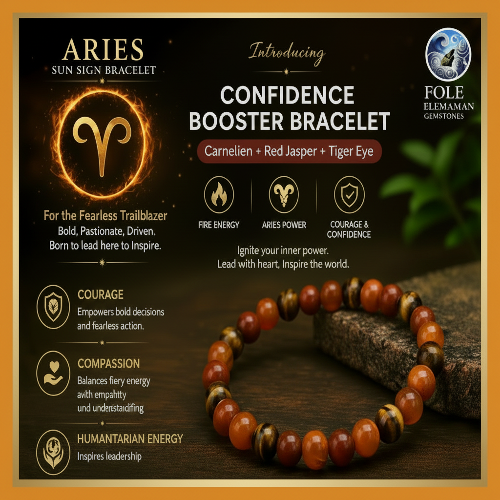 Aries Sun Sign Bracelet – Confidence Booster with Carnelian, Red Jasper and Tiger Eye crystals